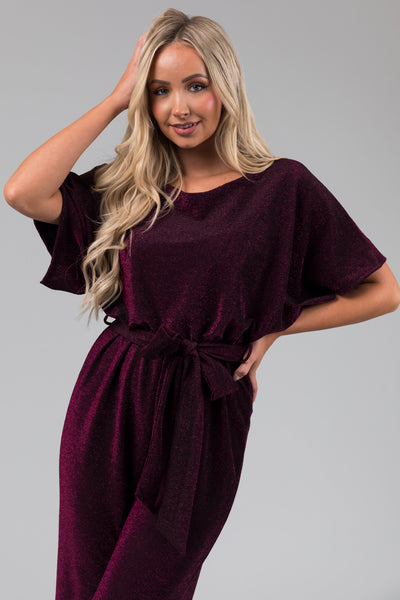 Plum Glitter Waist Tied Jumpsuit