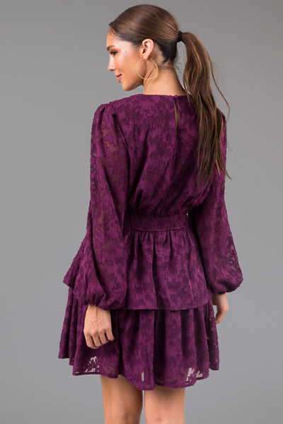 Plum Leaf Textured Long Sleeve Mini Dress
