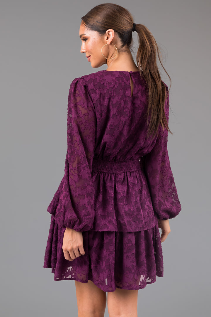 Plum Leaf Textured Long Sleeve Mini Dress