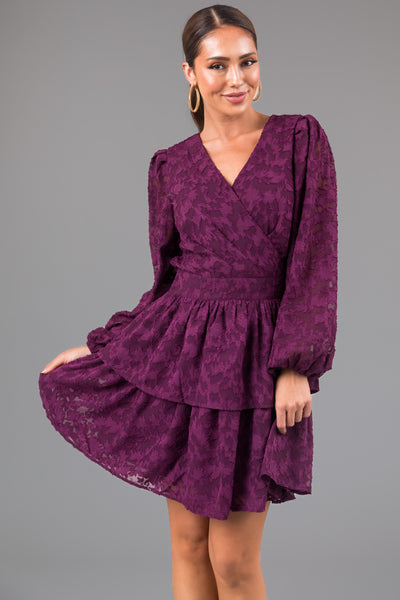 Plum Leaf Textured Long Sleeve Mini Dress