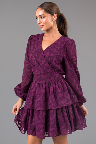 Plum Leaf Textured Long Sleeve Mini Dress