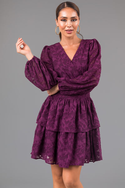Plum Leaf Textured Long Sleeve Mini Dress