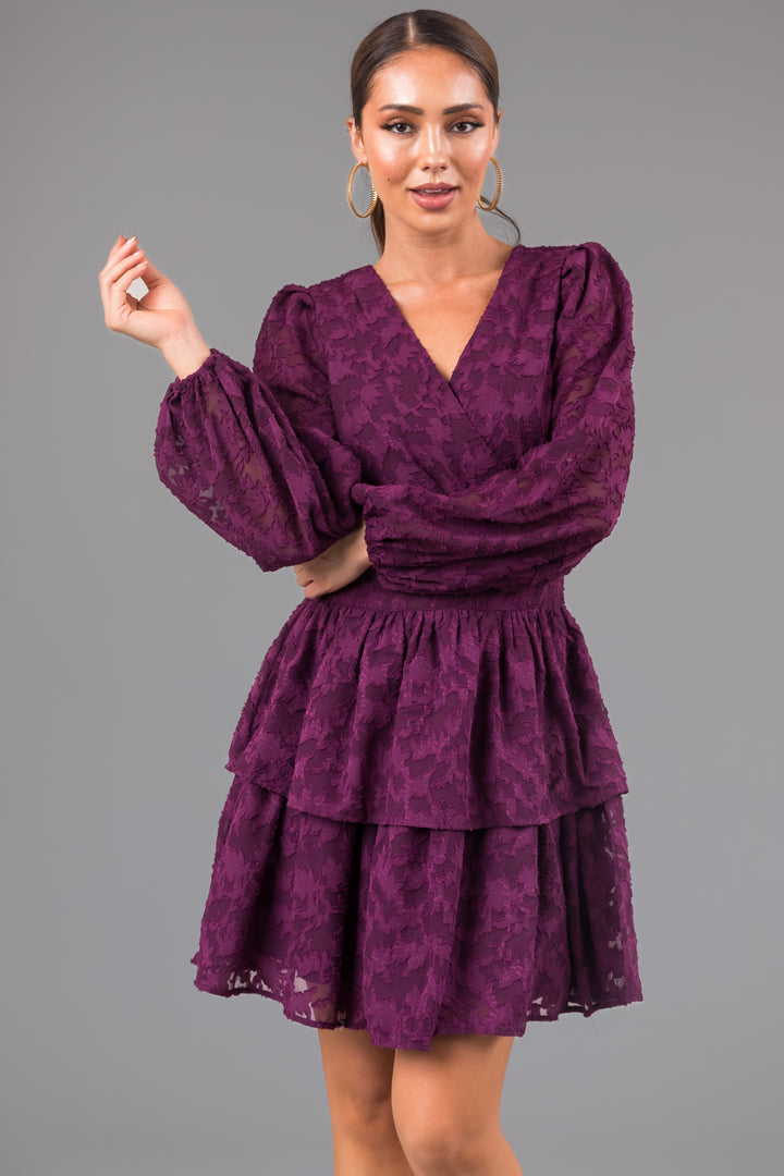 Plum Leaf Textured Long Sleeve Mini Dress