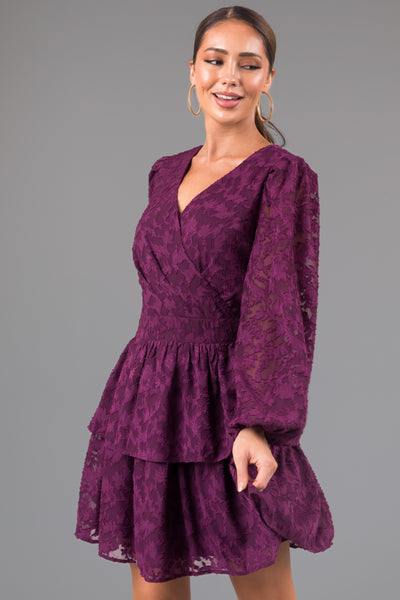 Plum Leaf Textured Long Sleeve Mini Dress
