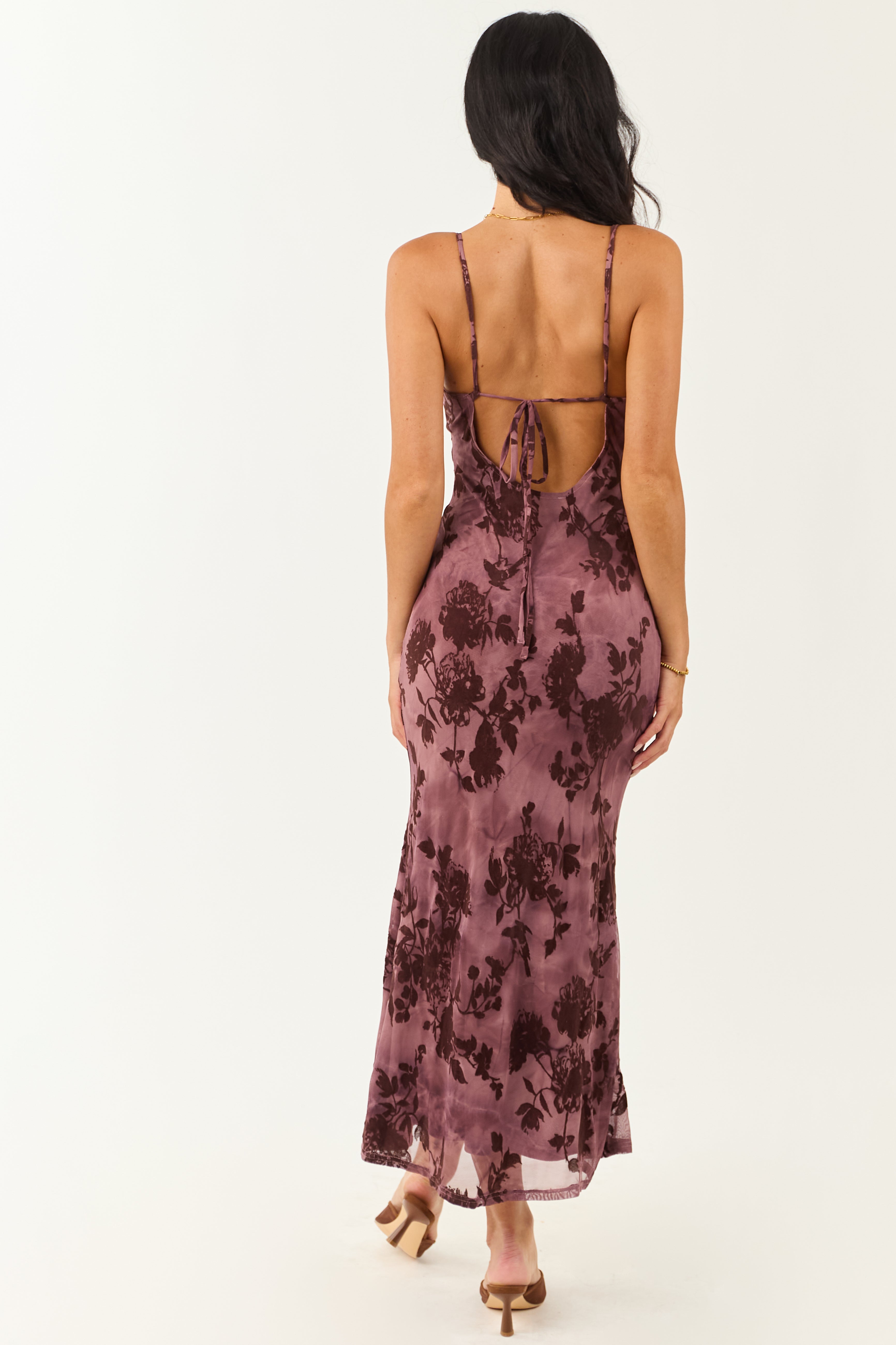Plum Mesh Floral Flocking Bodycon Midi Dress