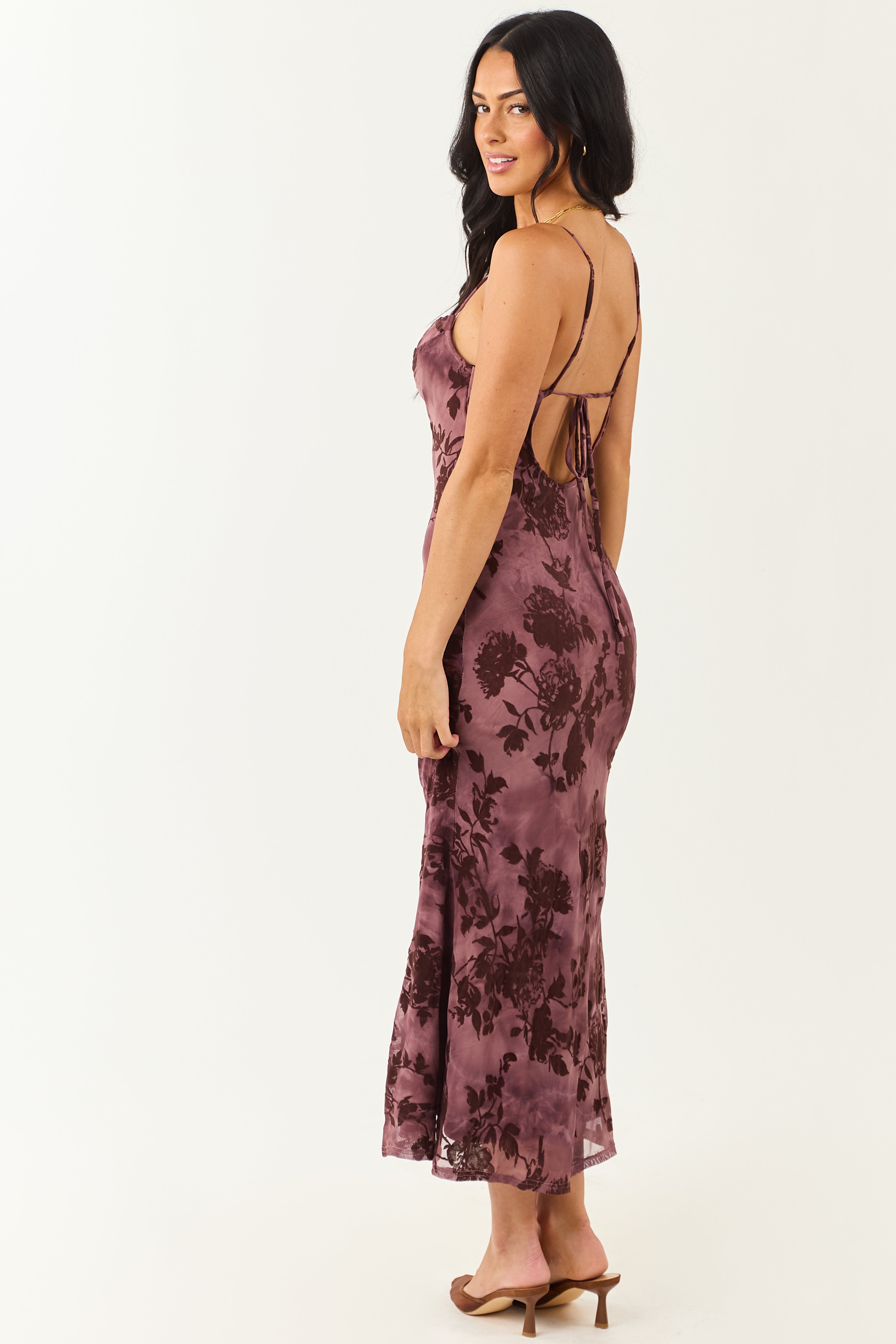 Plum Mesh Floral Flocking Bodycon Midi Dress