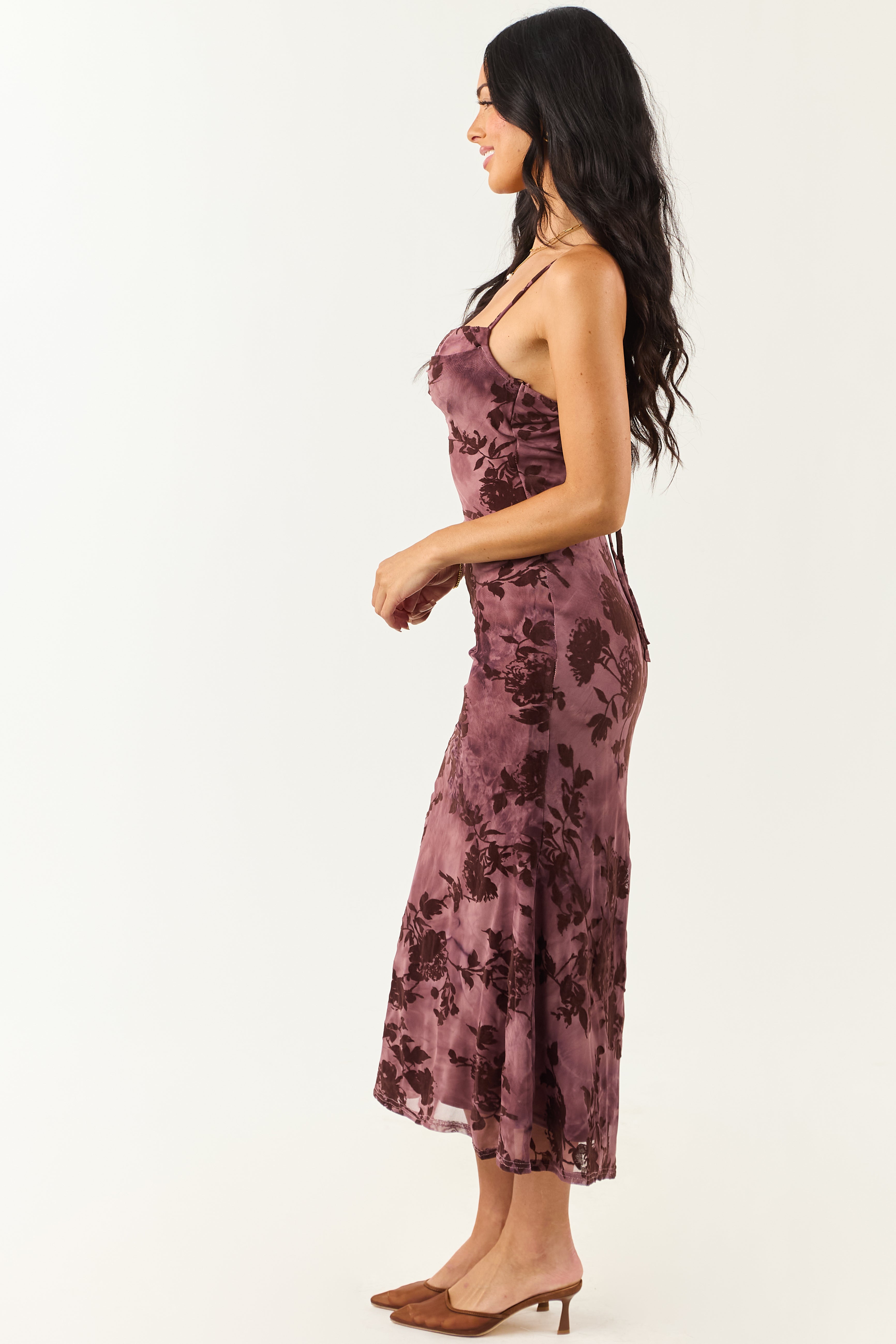 Plum Mesh Floral Flocking Bodycon Midi Dress