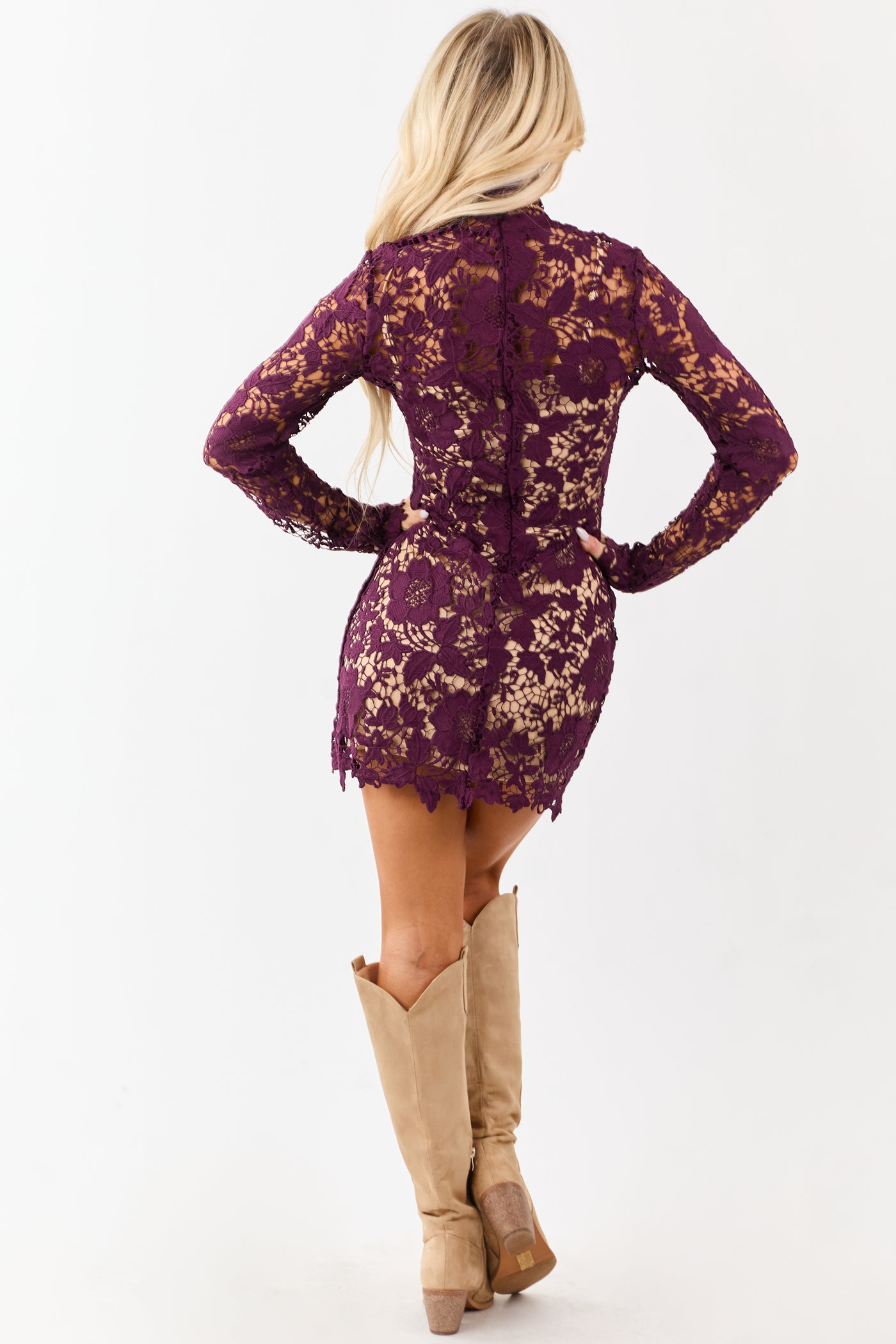 Plum Open Crochet Floral Lace Mock Neck Mini Dress