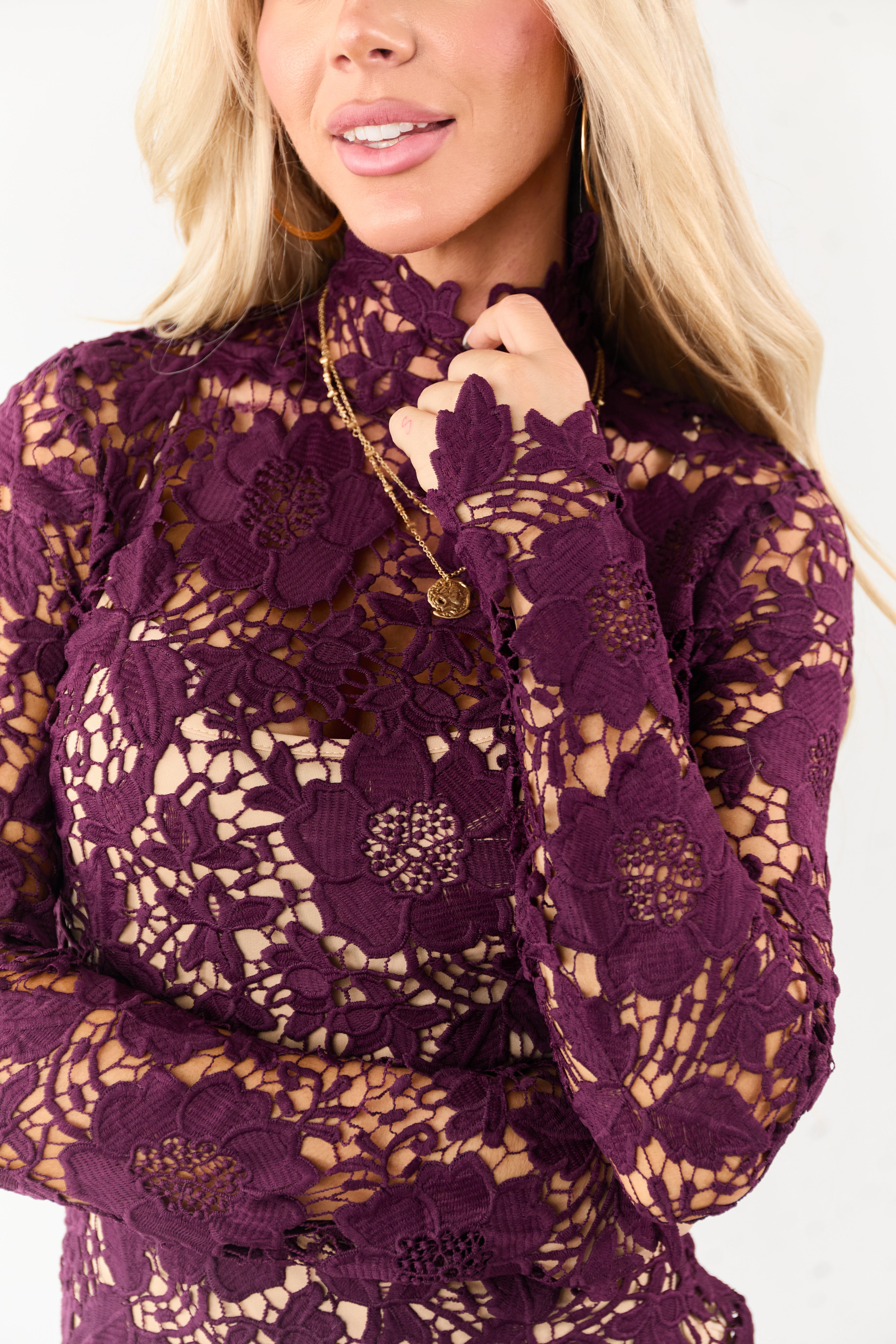 Plum Open Crochet Floral Lace Mock Neck Mini Dress