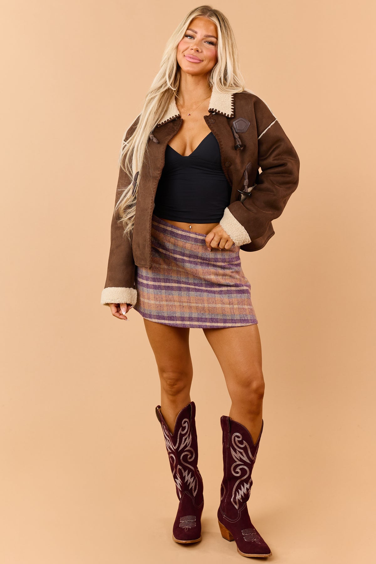 Plum Plaid A-Line High Waisted Mini Skort
