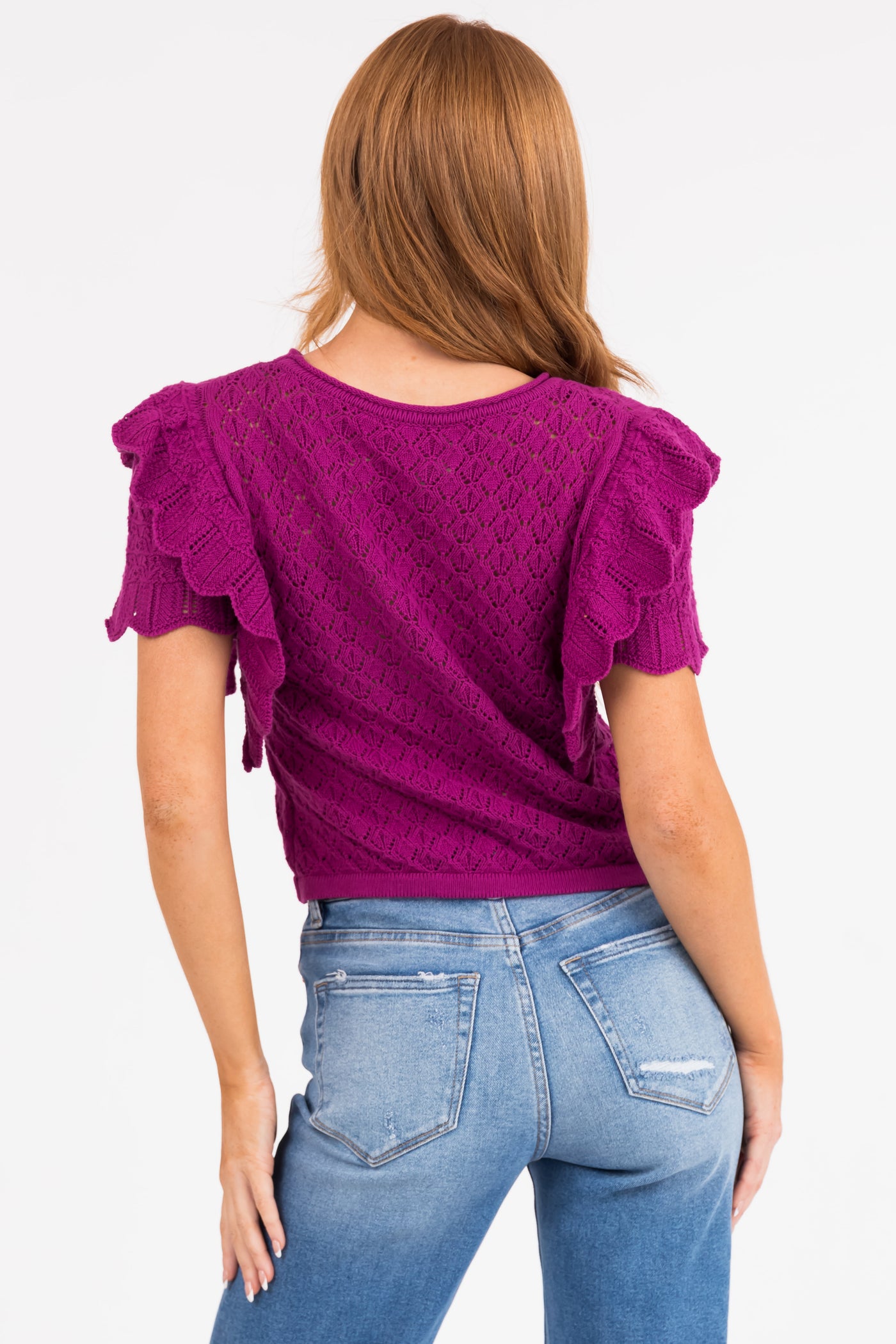 Plum Ruffle Sleeve Crochet Knit Crop Top