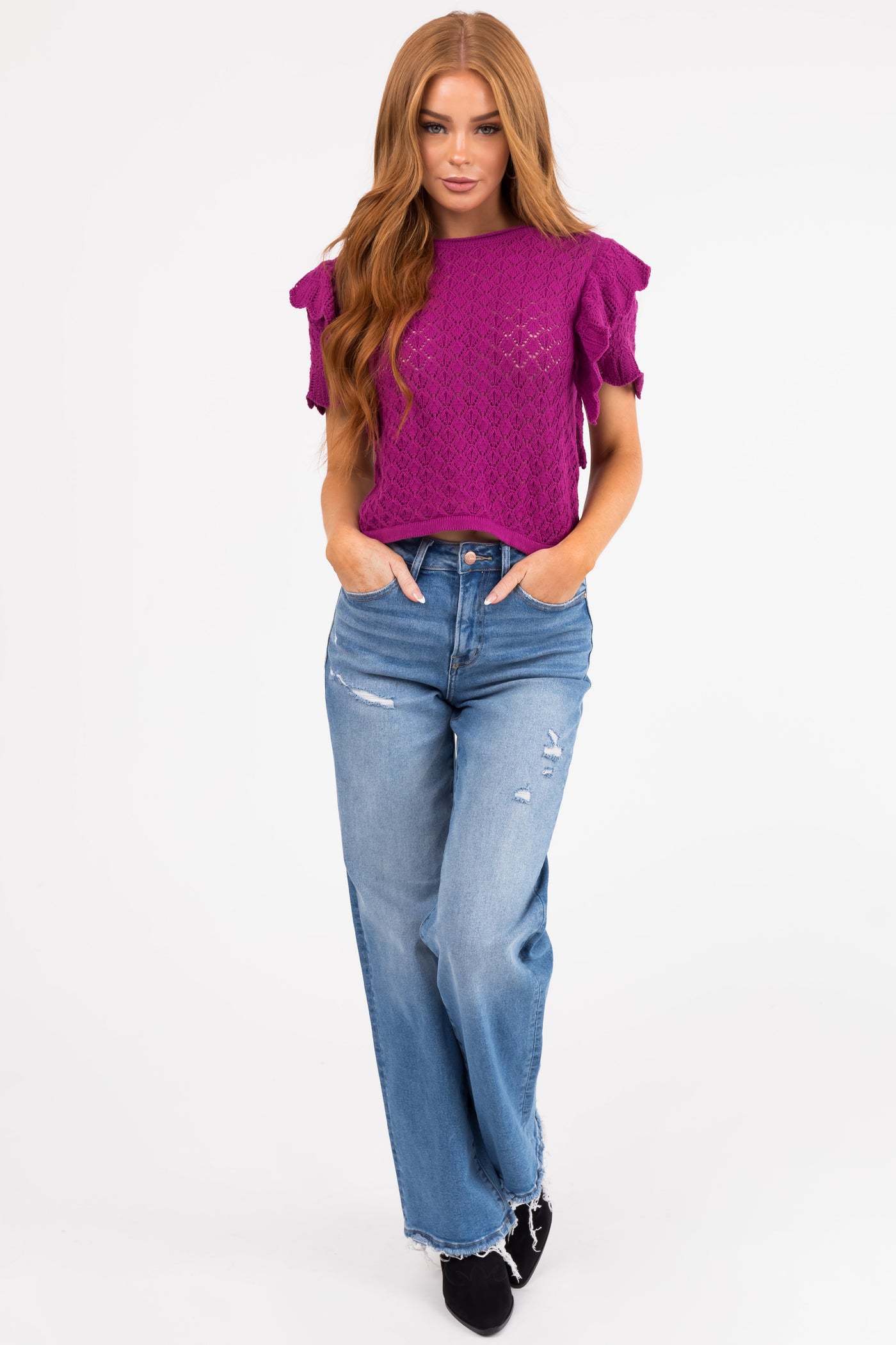 Plum Ruffle Sleeve Crochet Knit Crop Top