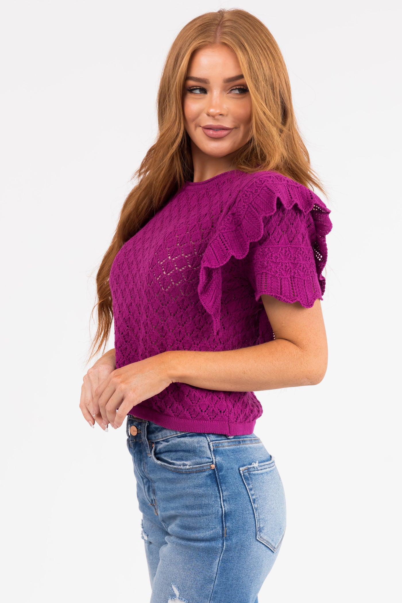 Plum Ruffle Sleeve Crochet Knit Crop Top