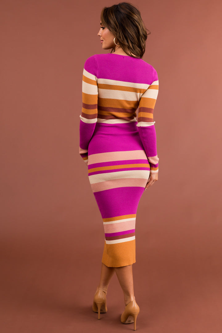 Plum Square Neck Bodycon Striped Sweater Dress