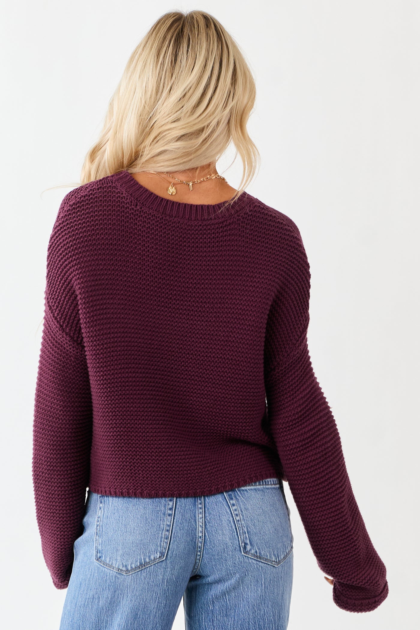 Plum Textured Knit Long Sleeve Crop Sweater