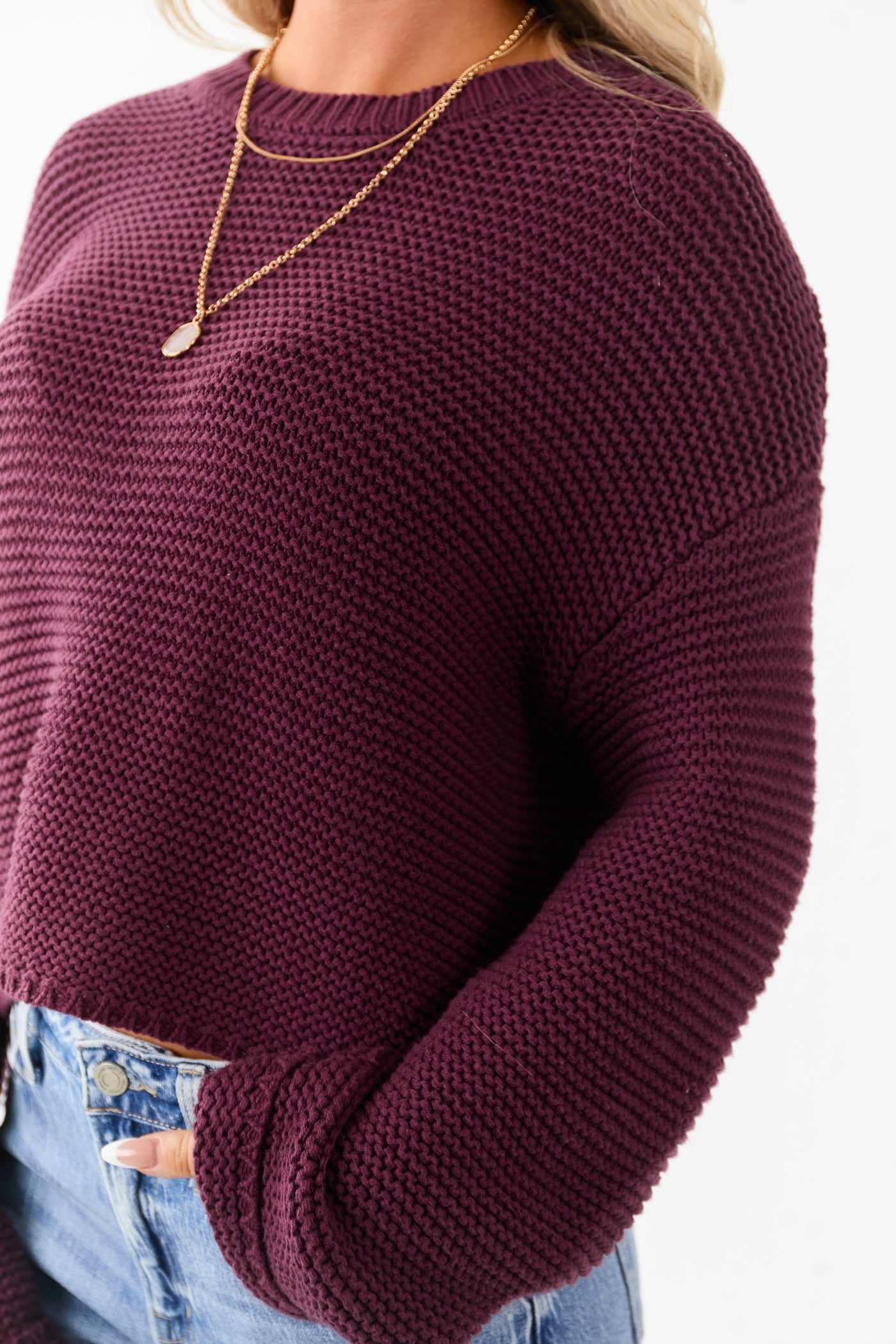 Plum Textured Knit Long Sleeve Crop Sweater