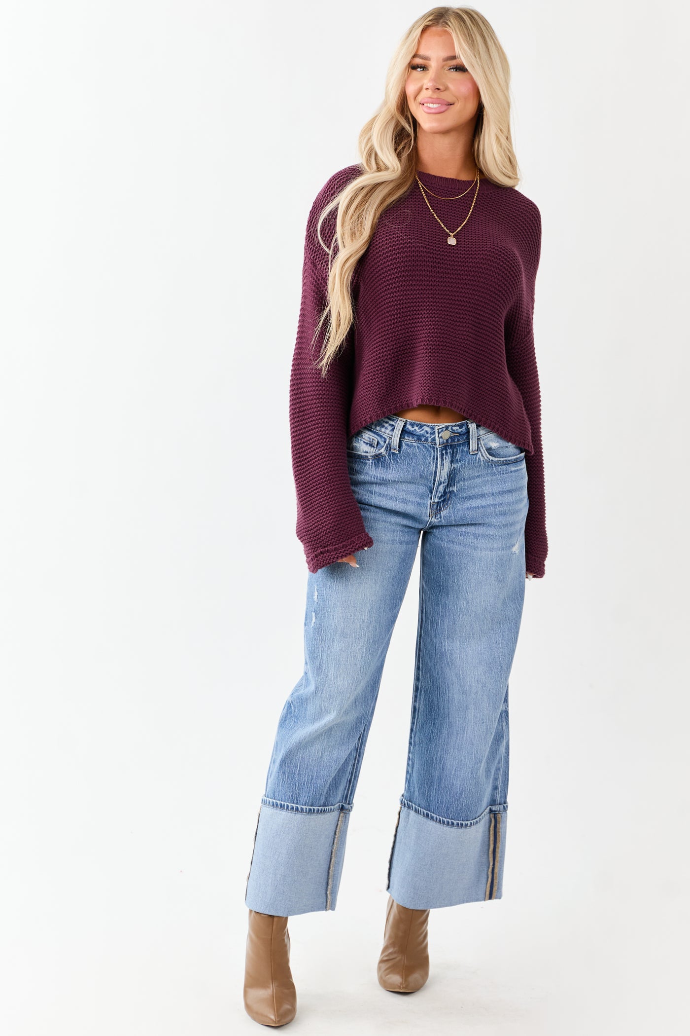 Plum Textured Knit Long Sleeve Crop Sweater