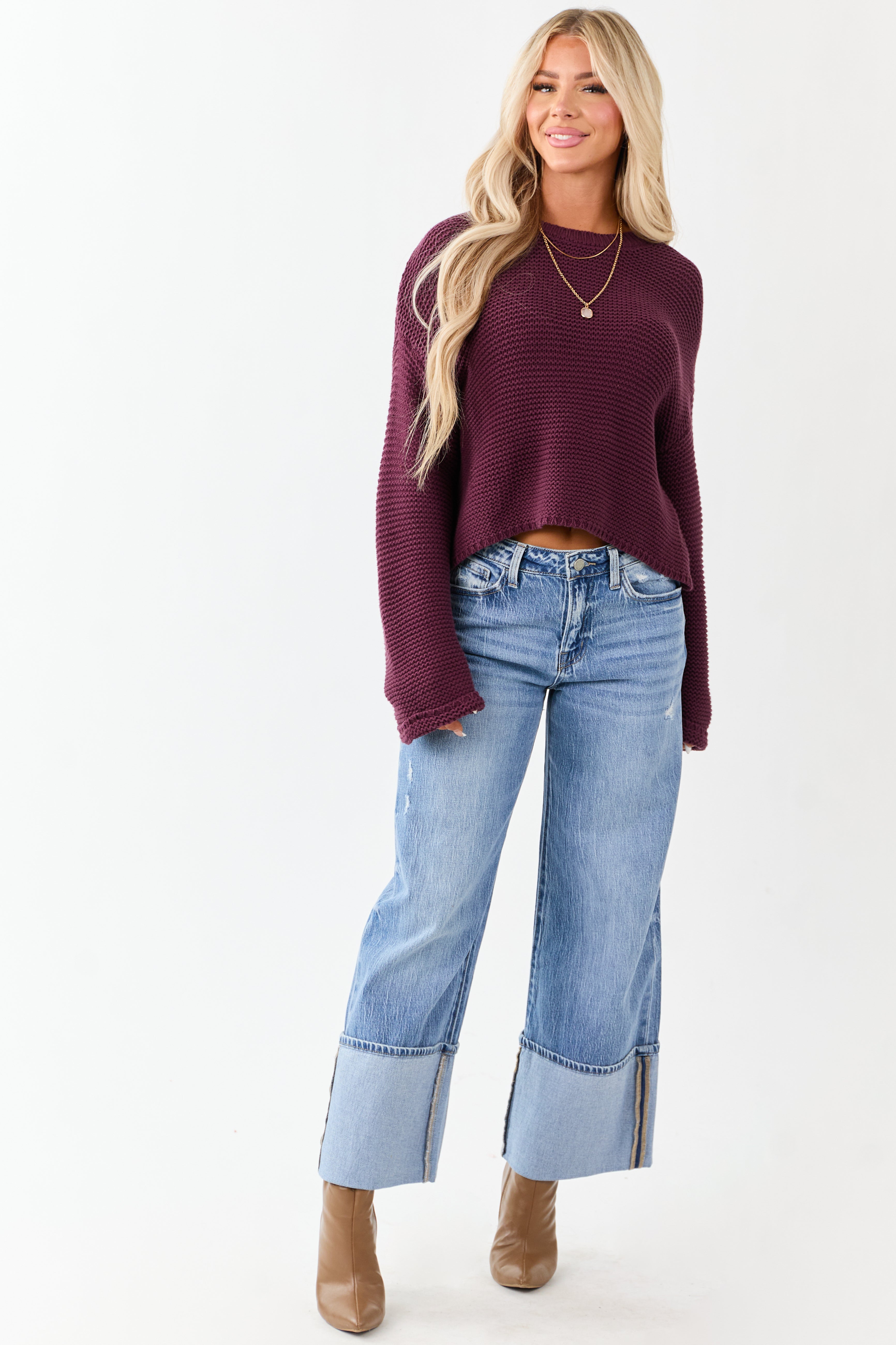 Plum Textured Knit Long Sleeve Crop Sweater
