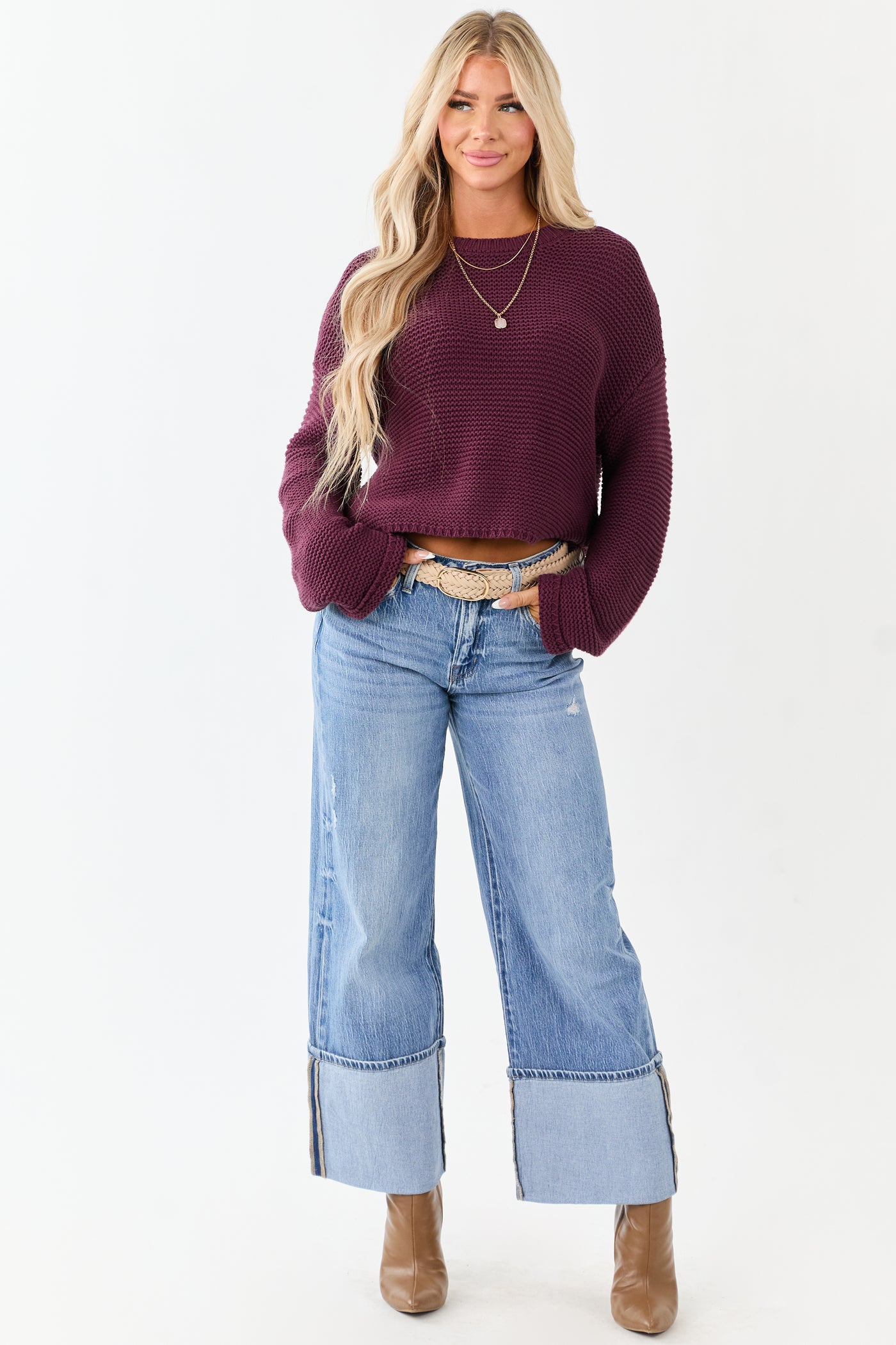 Plum Textured Knit Long Sleeve Crop Sweater
