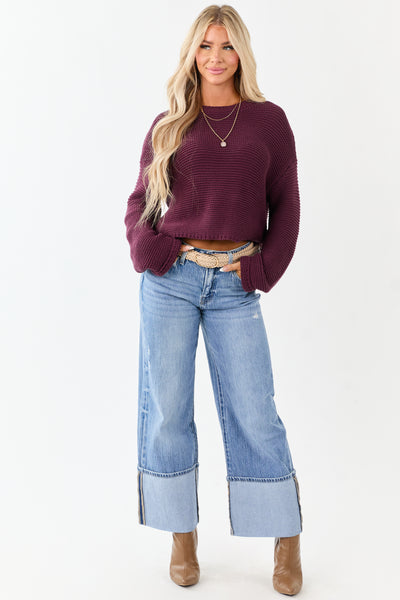 Plum Textured Knit Long Sleeve Crop Sweater