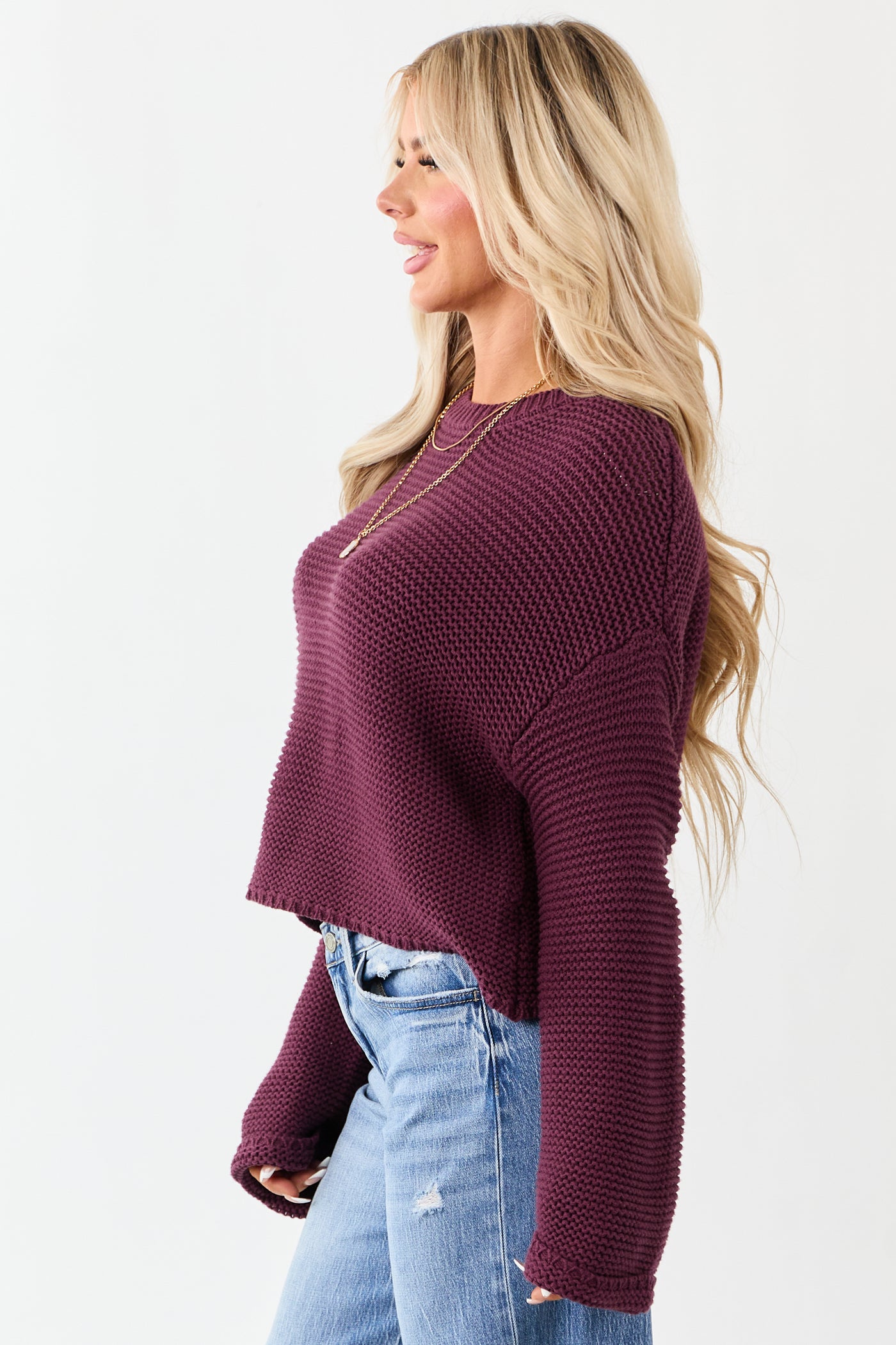 Plum Textured Knit Long Sleeve Crop Sweater