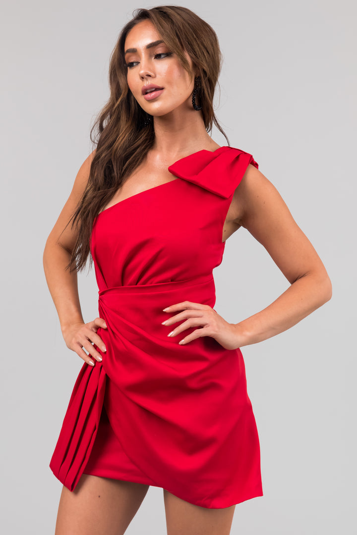 Pomegranate One Shoulder Pleated Bow Wrap Dress