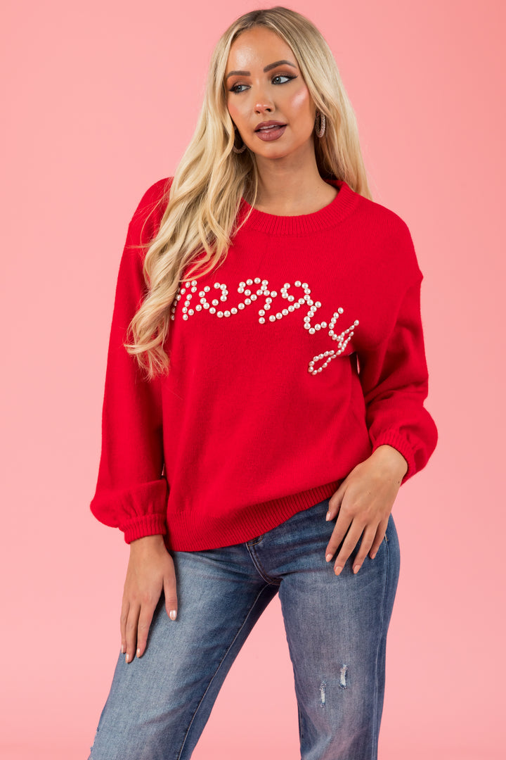 Pomegranate 'merry' Pearl Lettering Sweater