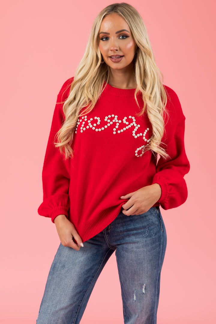 Pomegranate 'merry' Pearl Lettering Sweater