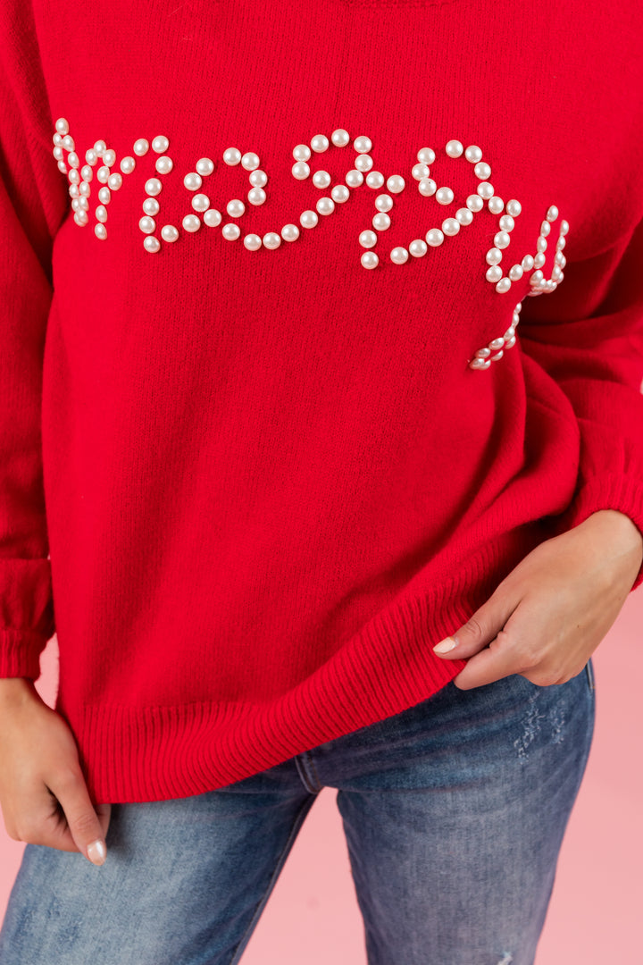 Pomegranate 'merry' Pearl Lettering Sweater