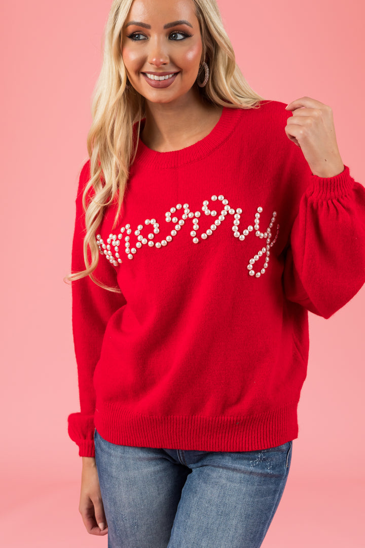 Pomegranate 'merry' Pearl Lettering Sweater