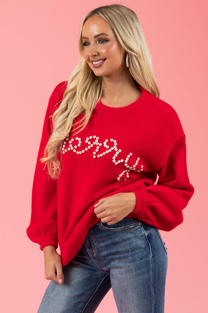 Pomegranate 'merry' Pearl Lettering Sweater