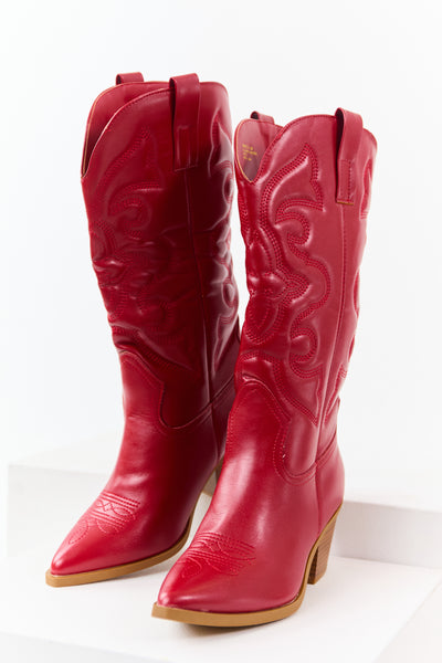 Pomegranate Faux Leather Embroidered Cowboy Boots