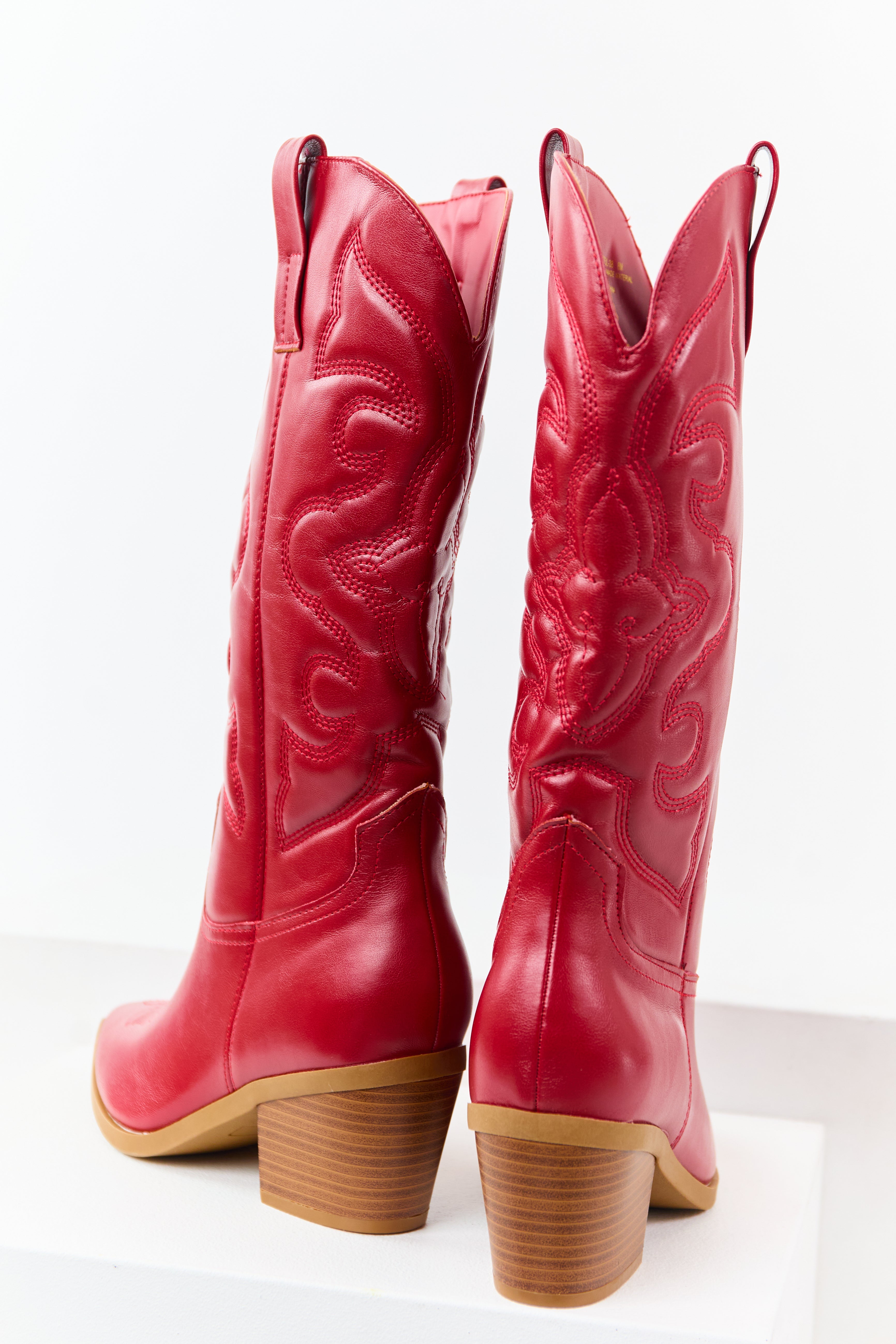 Pomegranate Faux Leather Embroidered Cowboy Boots