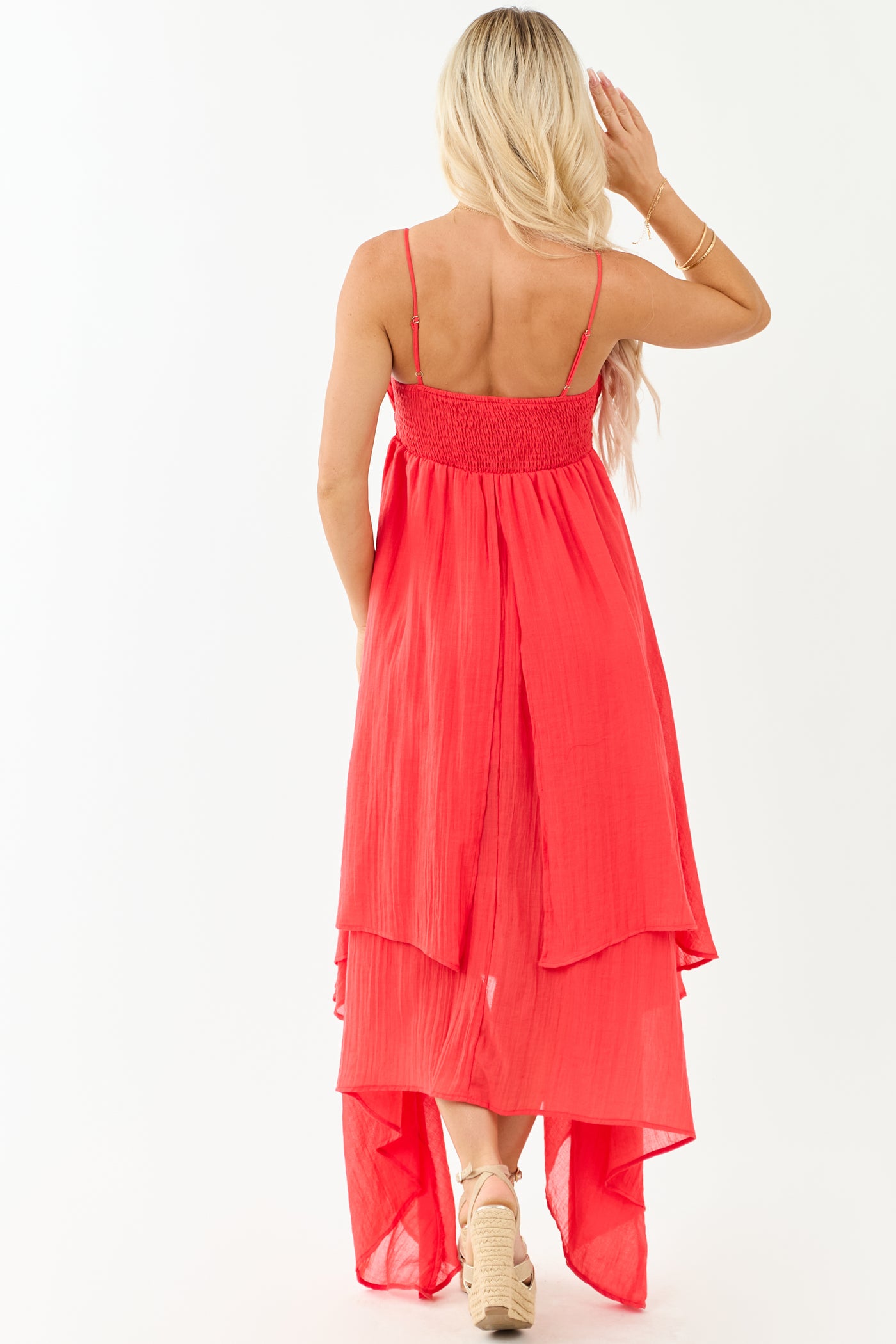Poppy Red Layered Handkerchief Hem Maxi Dress Poppy Red Layered Handkerchief Hem Maxi Dress