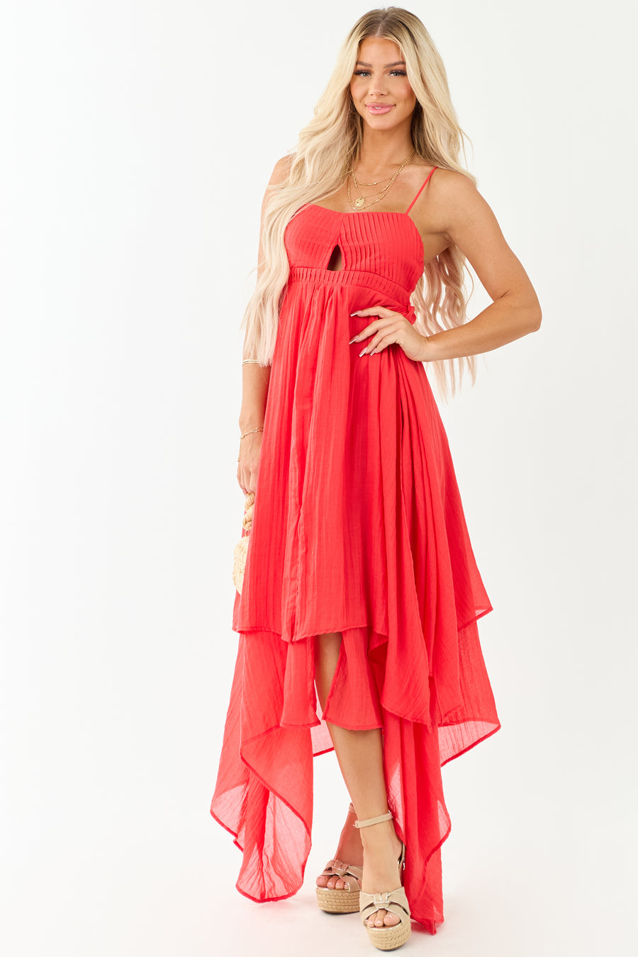 Poppy Red Layered Handkerchief Hem Maxi Dress | Lime Lush Boutique