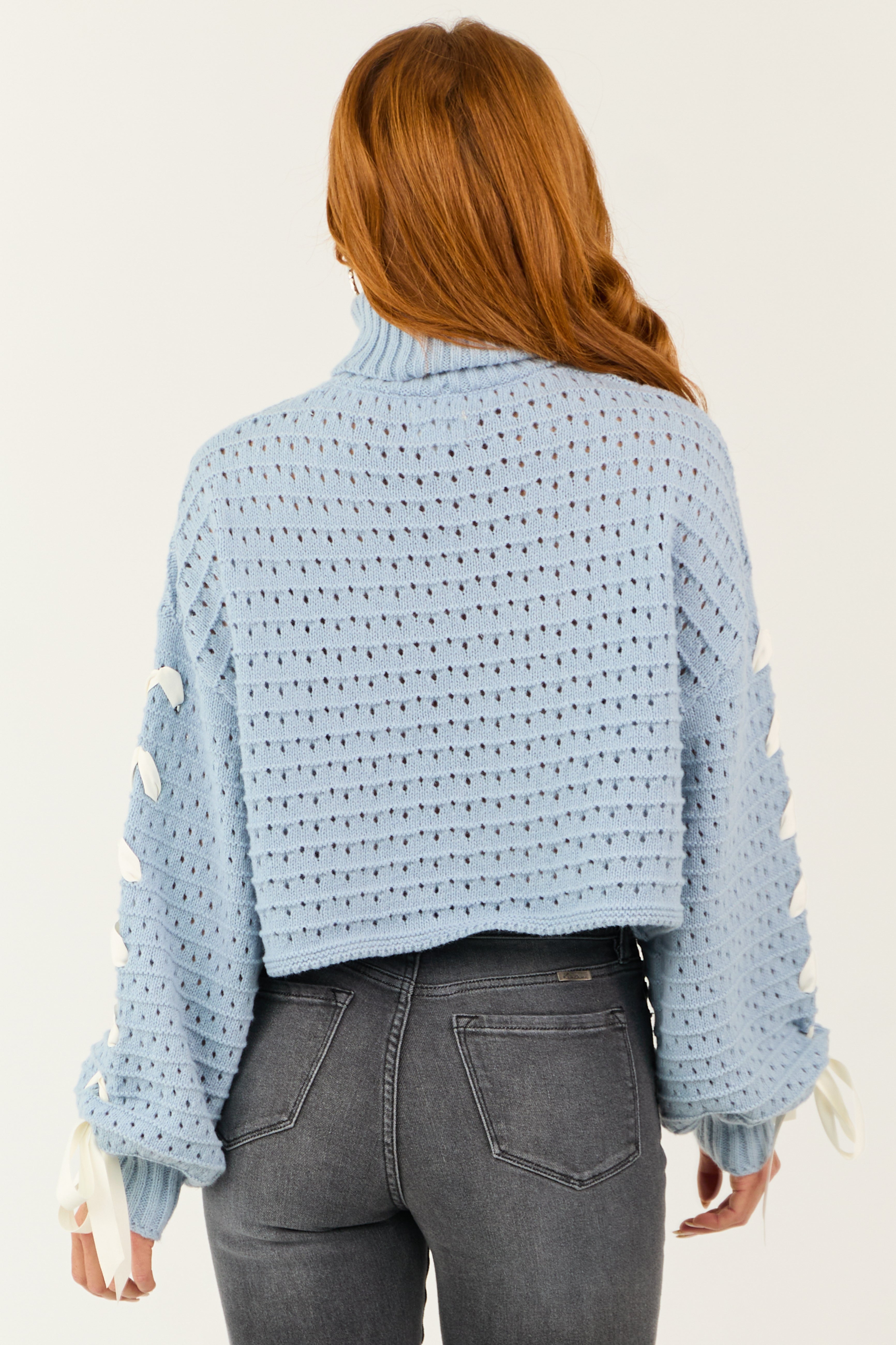 Powder Blue Bow Detail Pointelle Knit Crop Sweater | Lime Lush