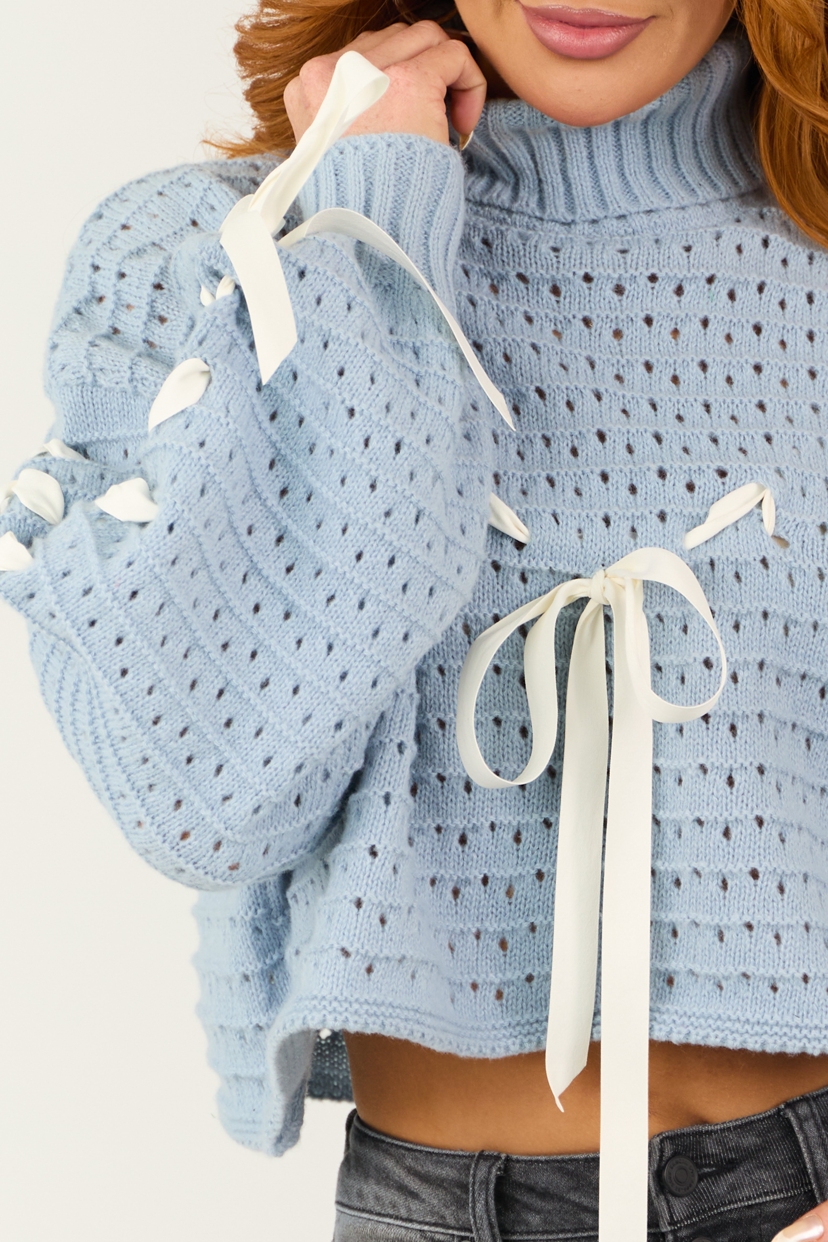 Powder Blue Bow Detail Pointelle Knit Crop Sweater | Lime Lush