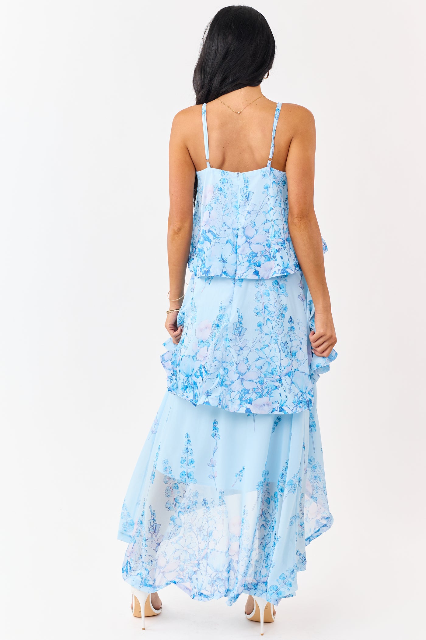 Powder Blue Chiffon Floral Print Tiered Maxi Dress