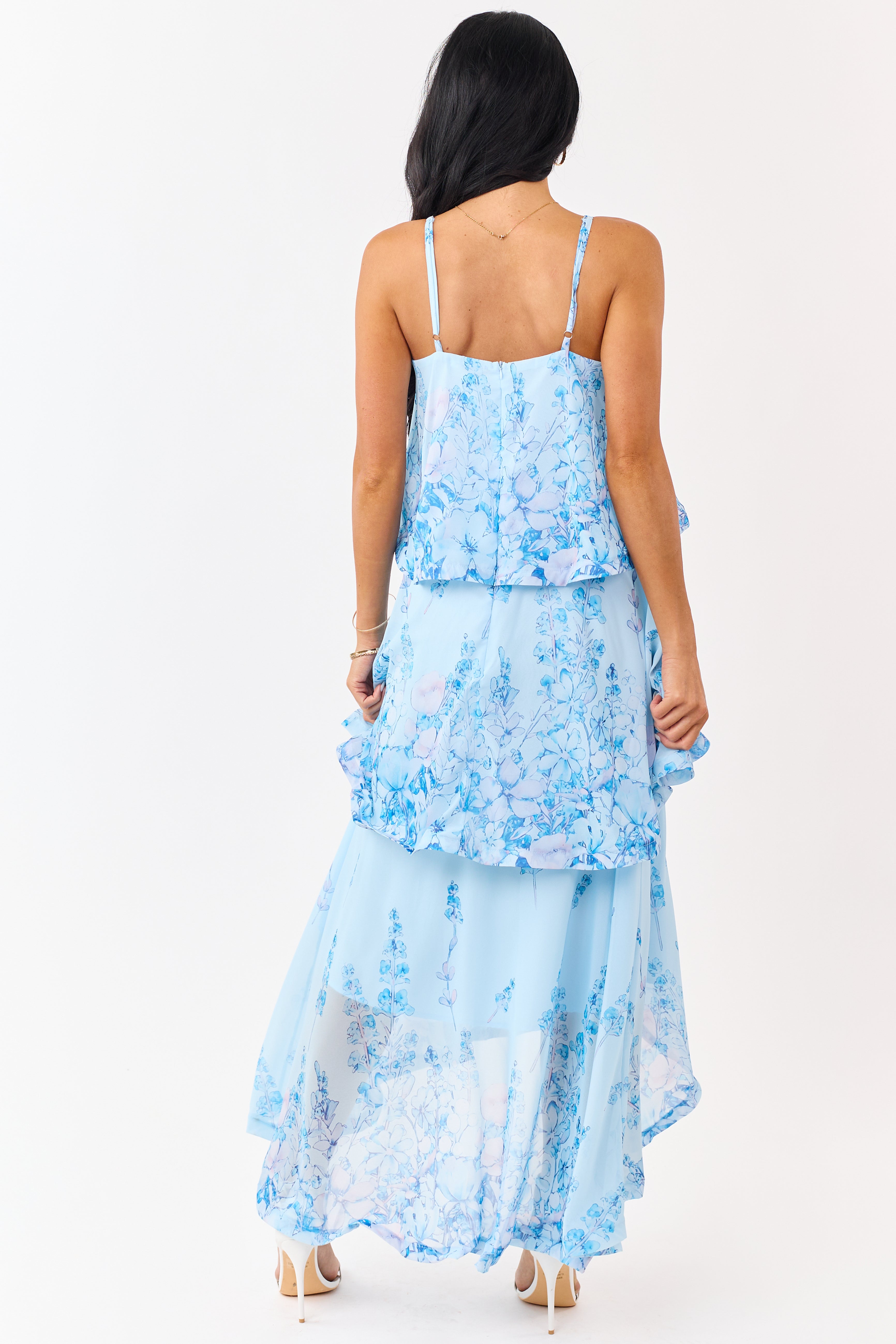 Powder Blue Chiffon Floral Print Tiered Maxi Dress