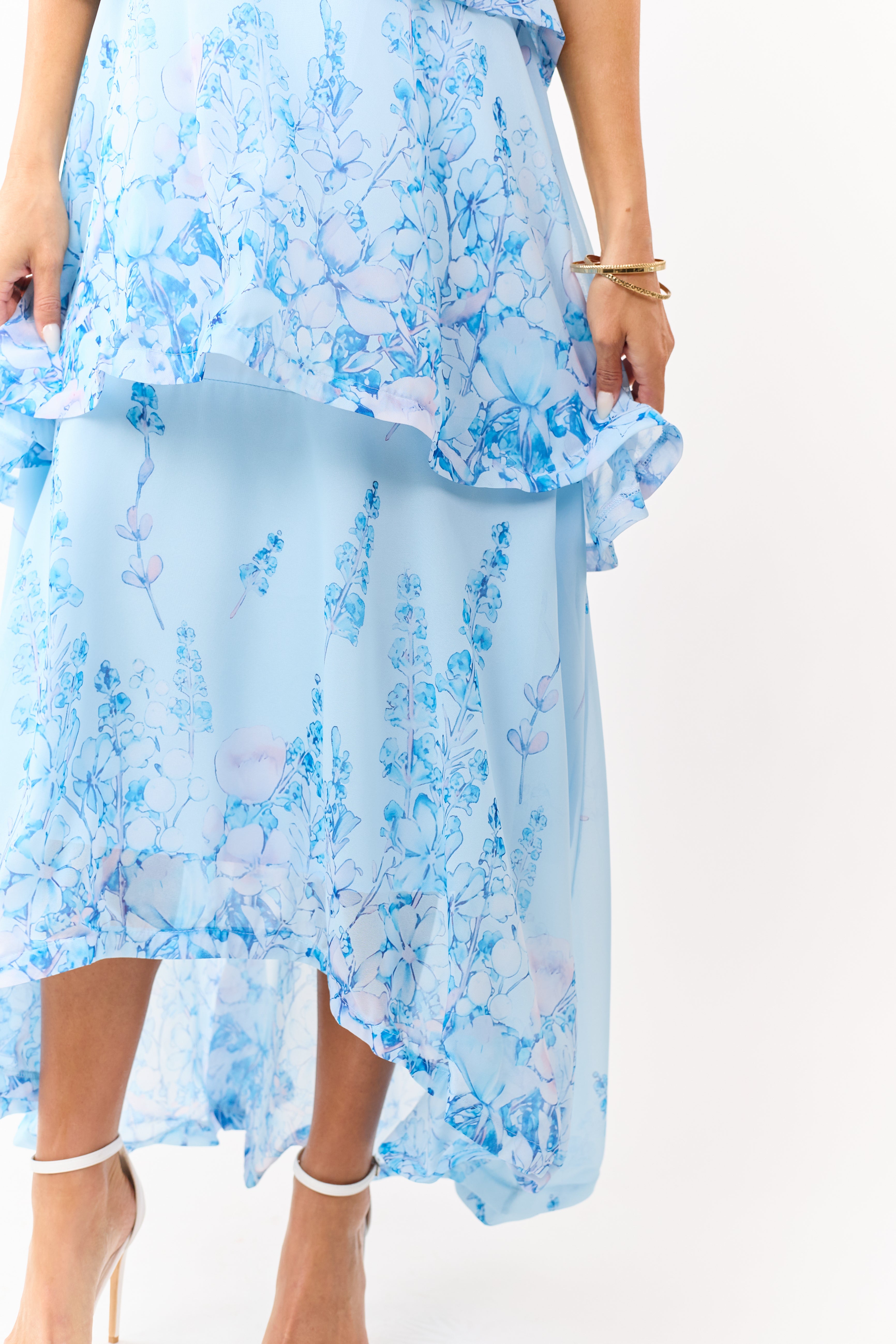 Powder Blue Chiffon Floral Print Tiered Maxi Dress