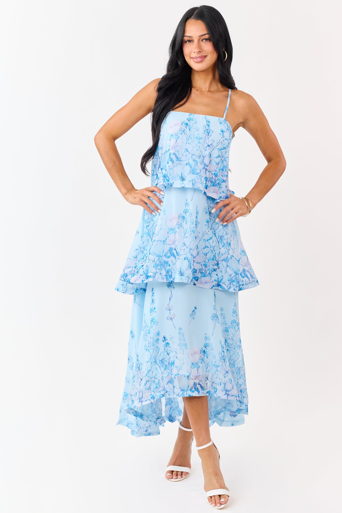 Powder Blue Chiffon Floral Print Tiered Maxi Dress