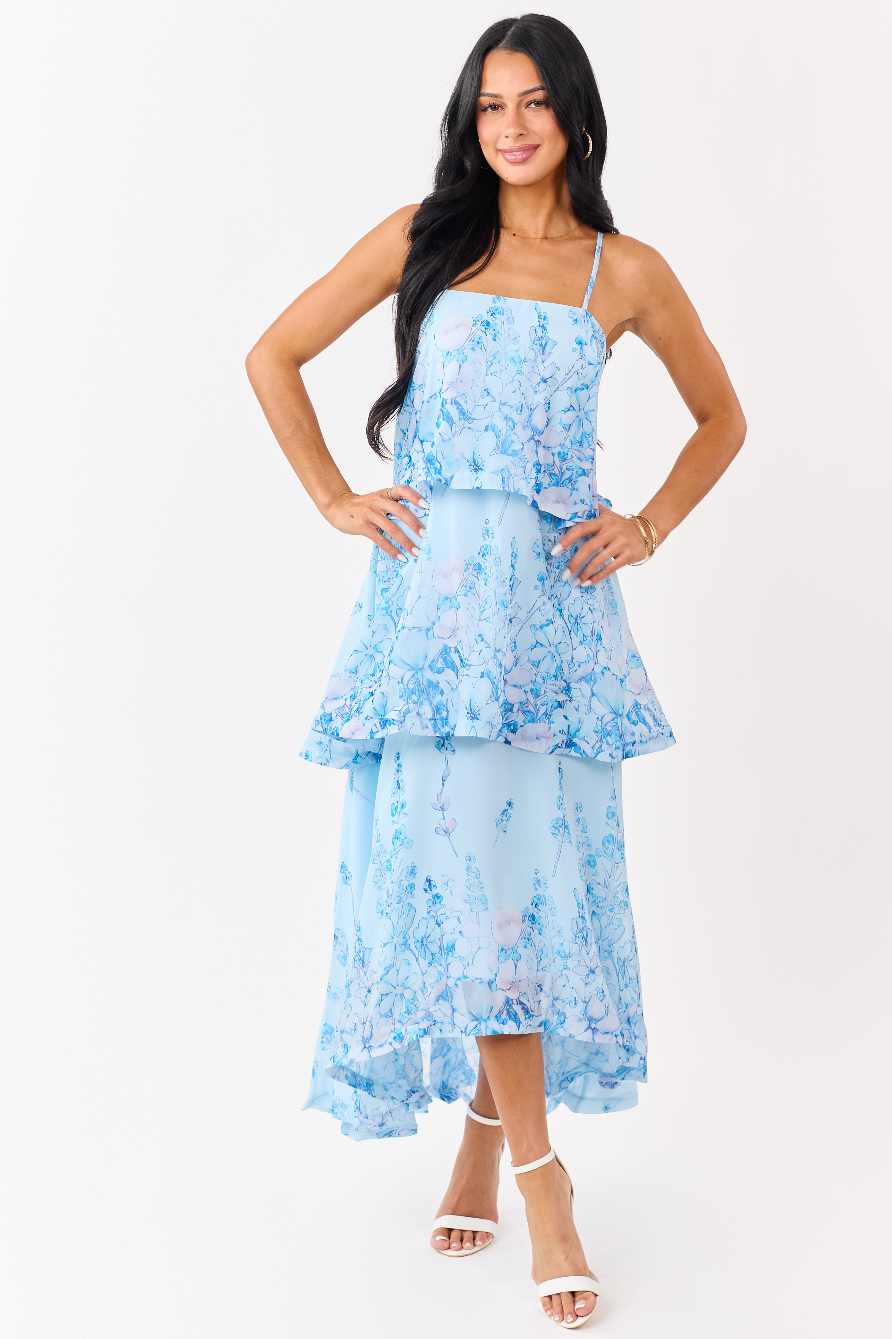 chiffon ruffle layer maxi dress Powder Blue Chiffon Floral Print Tiered Maxi Dress