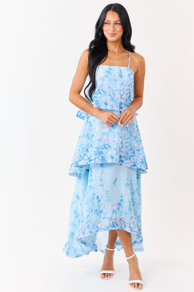 Powder Blue Chiffon Floral Print Tiered Maxi Dress