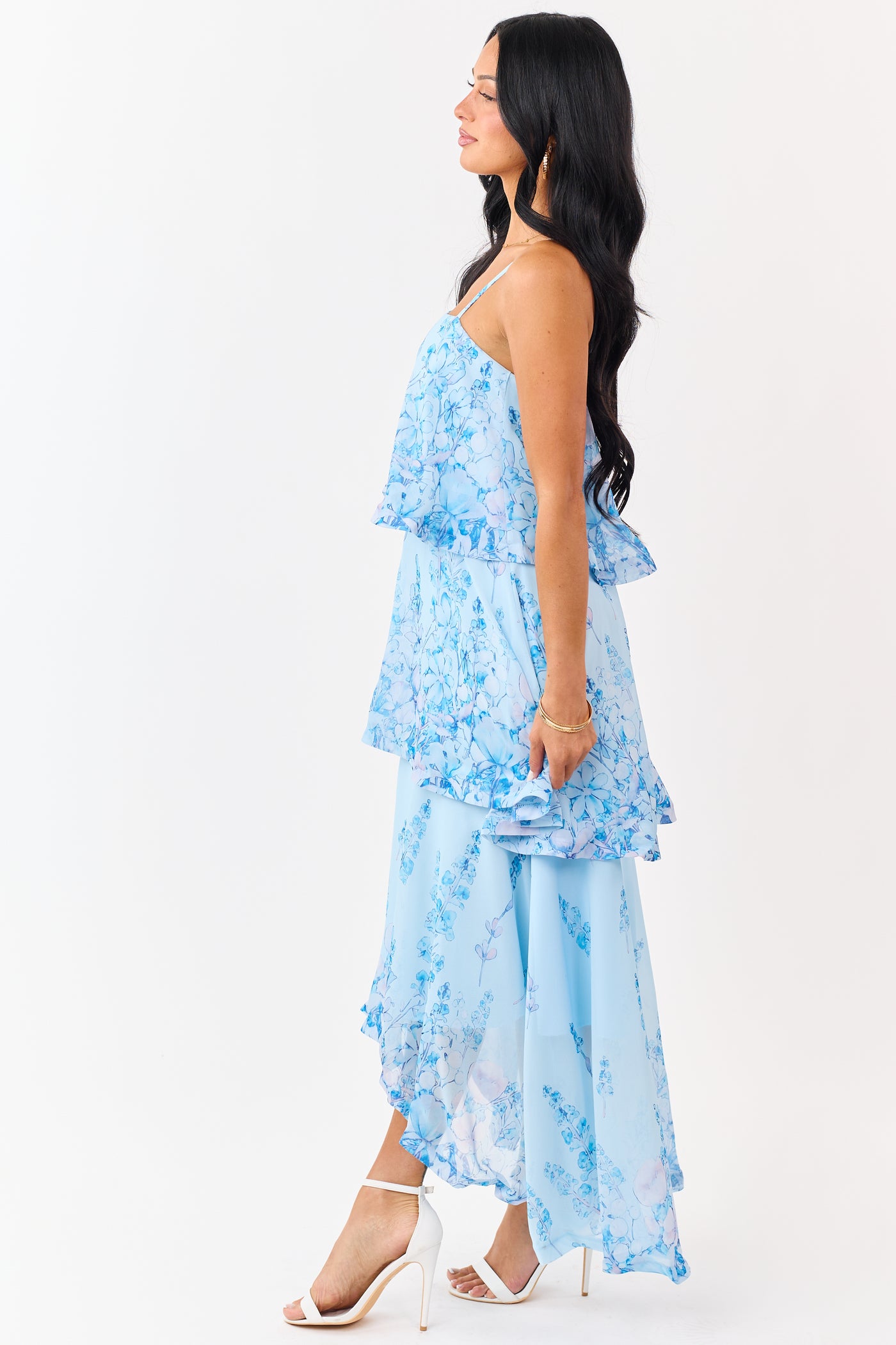 Powder Blue Chiffon Floral Print Tiered Maxi Dress
