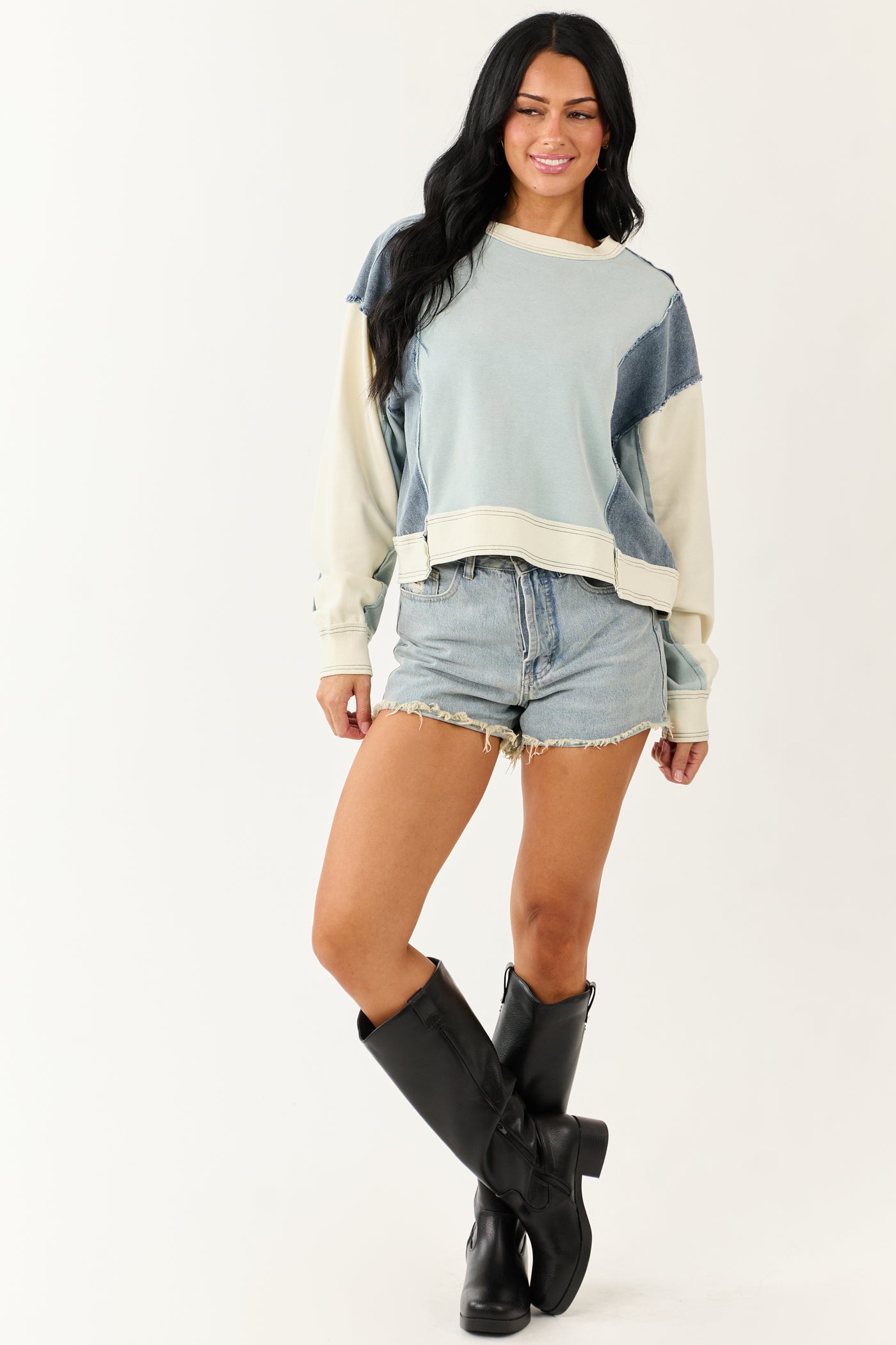 Powder Blue Colorblock Denim Long Sleeve Top
