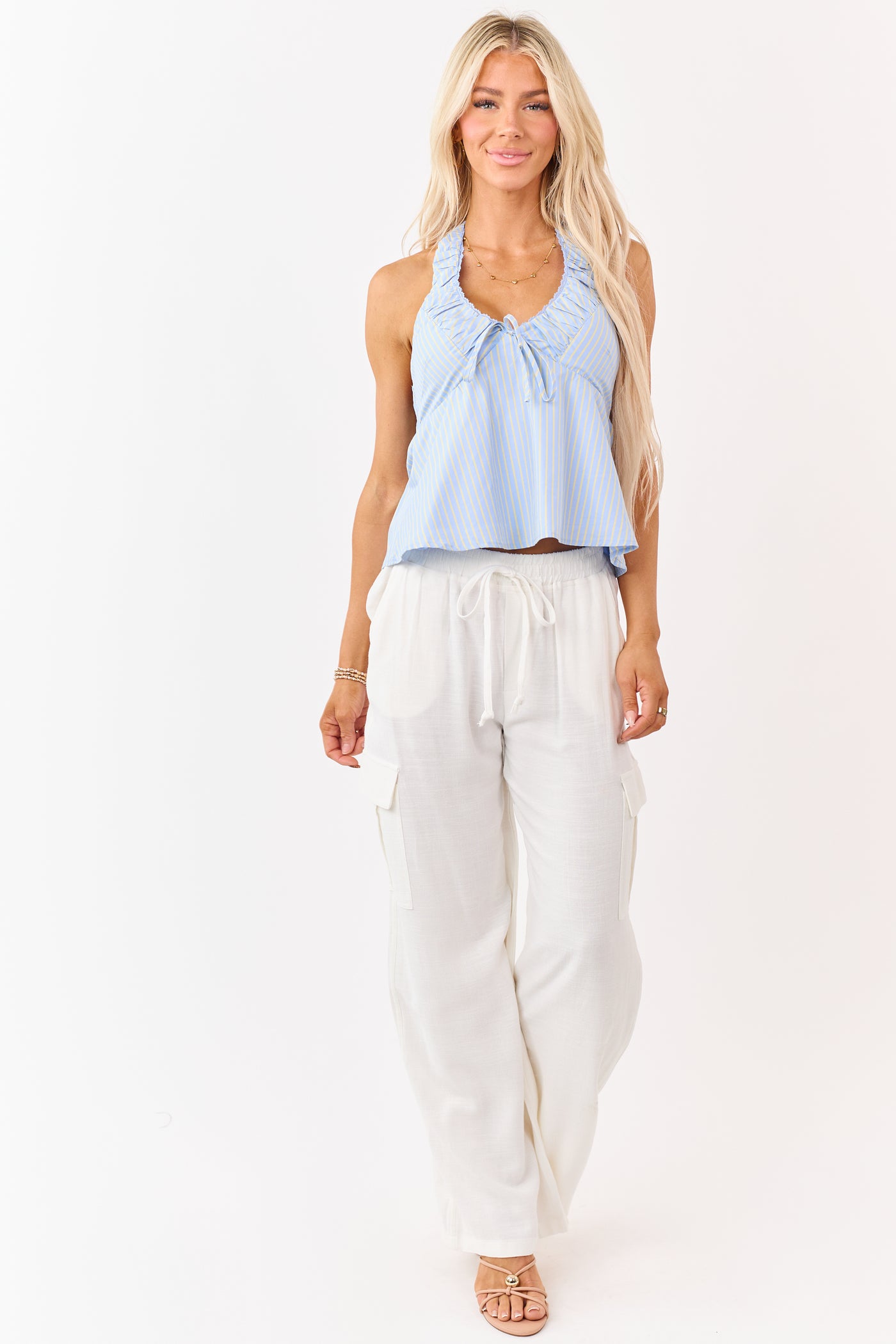 Powder Blue Cotton Striped Babydoll Halter Top