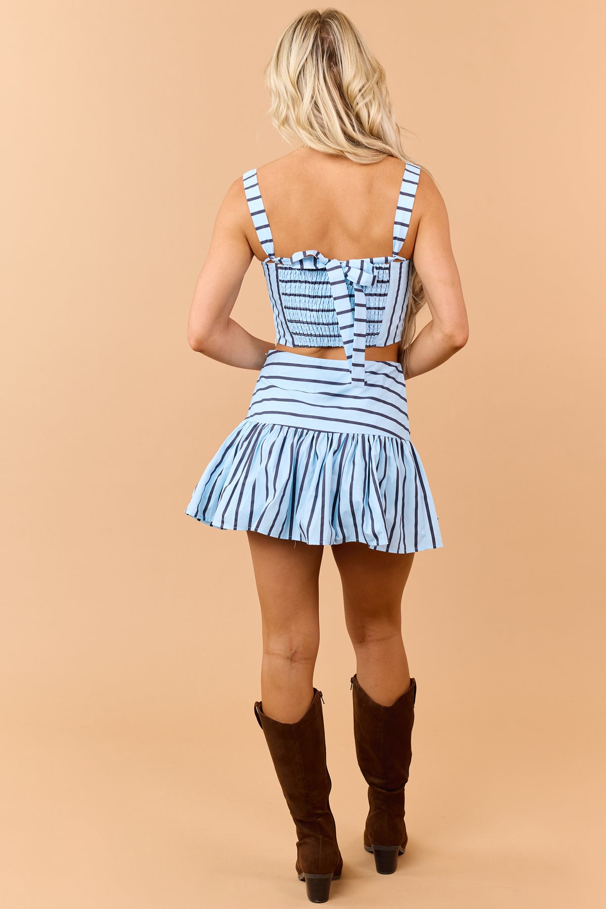 Powder Blue Cotton Striped Tank Top and Skirt Set