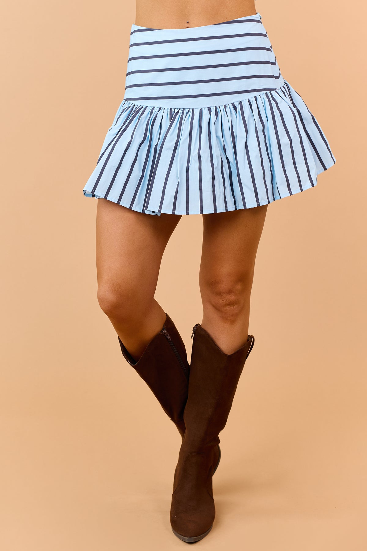 Powder Blue Cotton Striped Tank Top and Skirt Set