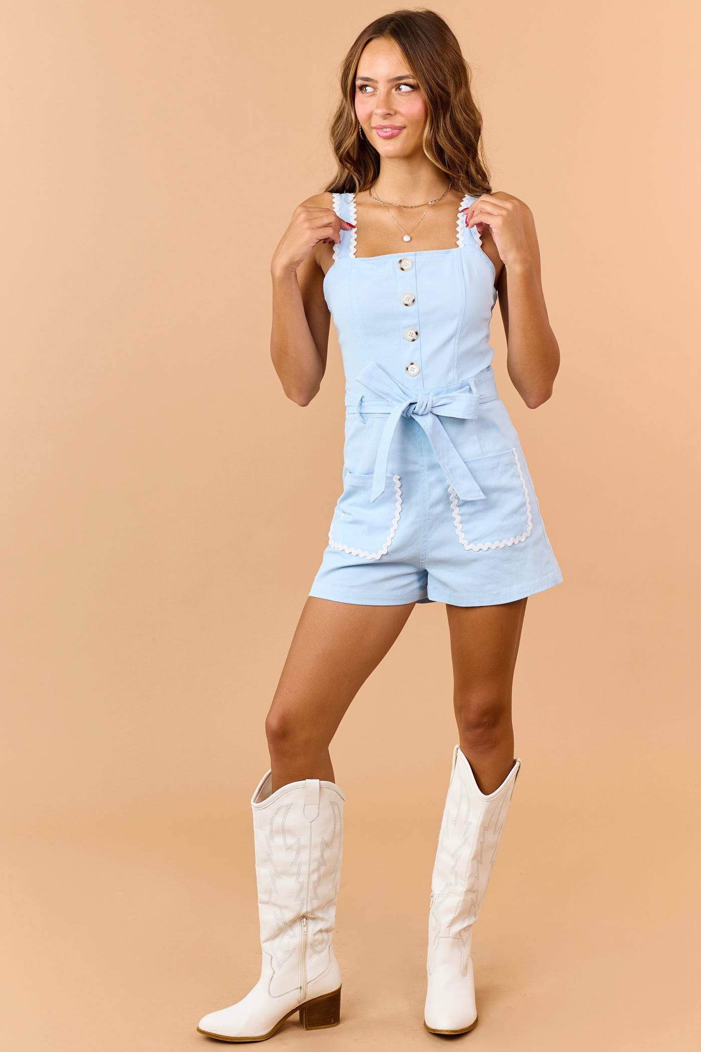 Powder Blue Denim Contrast Trim Sleeveless Romper