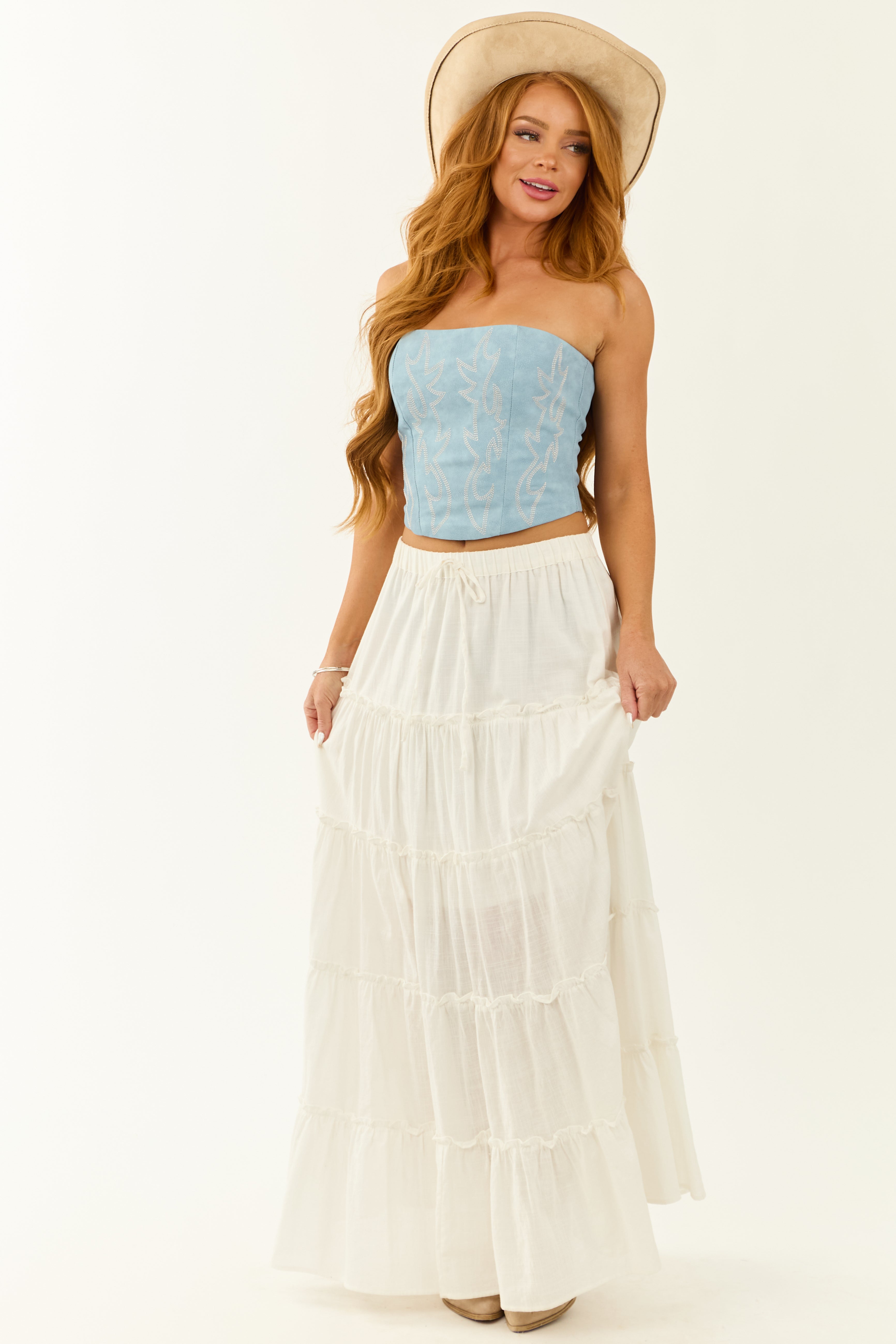 Powder Blue Faux Leather Western Corset Top
